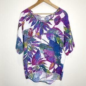 Jams World Folia Print Top Womens Large Short Sleeve Floral White Purple